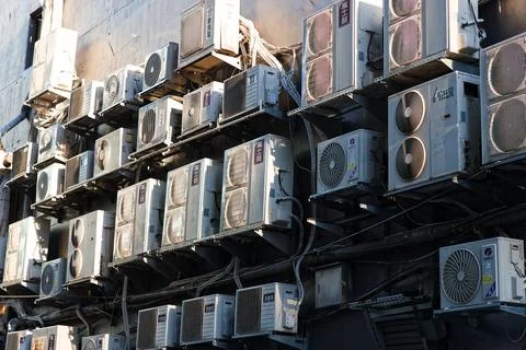Dense Cluster of Air Conditioning Units on Ximending Building Wall Taipei Photos