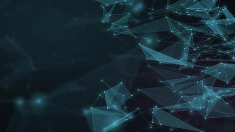 A dense cluster of luminous cyan polygons and connected points emerges from.. Stock Illustration