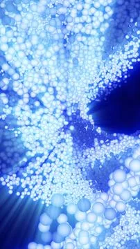 Dense clusters of glowing blue and white spheres form an abstract molecular.. Stock Illustration