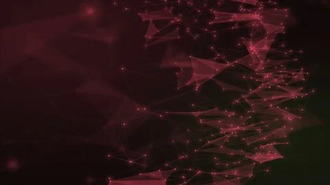 Dense crimson nodes and angular forms create a vibrant digital network on a.. Illustrazione stock