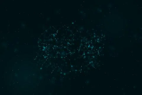 A dense cyan cluster of interconnected nodes glows against a dark abstract .. Stock Illustration