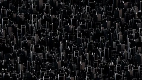 A dense, dark, abstract pattern featuring numerous geometric skyscraper silhouet Stock Footage 340238089