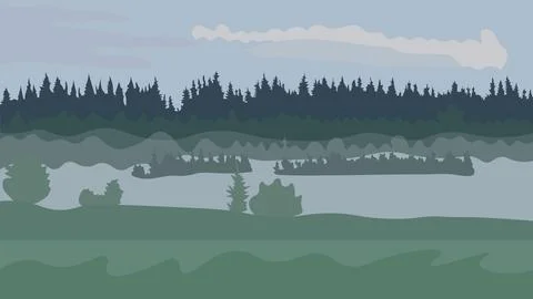 A dense, dark, mysterious forest with a clearing and fog. Vector illustration 库存插图