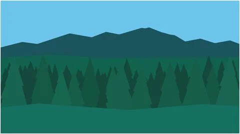 Dense evergreen coniferous forest with mountain range on the horizon, mountai Illustrazione stock