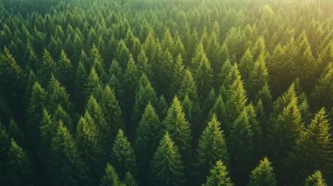 Dense evergreen forest in sunlight Stock Photos