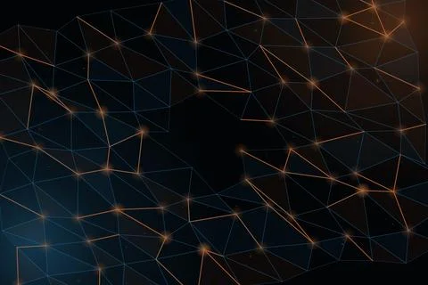 A dense field of intersecting polygonal lines and warm glowing nodes forms .. Stock Illustration