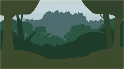 Dense forest canopy view with deep green trees and distant mountains, landsca Ilustração Stock