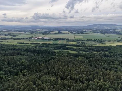 Dense forest foreground above patchwork farmland and rolling hills under la.. 스톡 사진