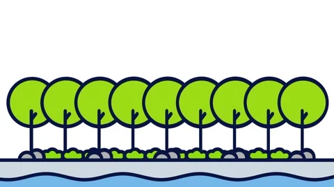 Dense Forest Line by Water Illustration Stock Footage 343518976