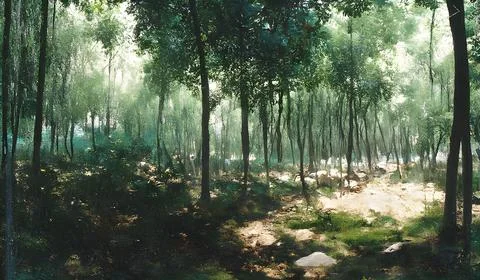 Dense forest with magic sun rays, realistic oil painting Foto stock