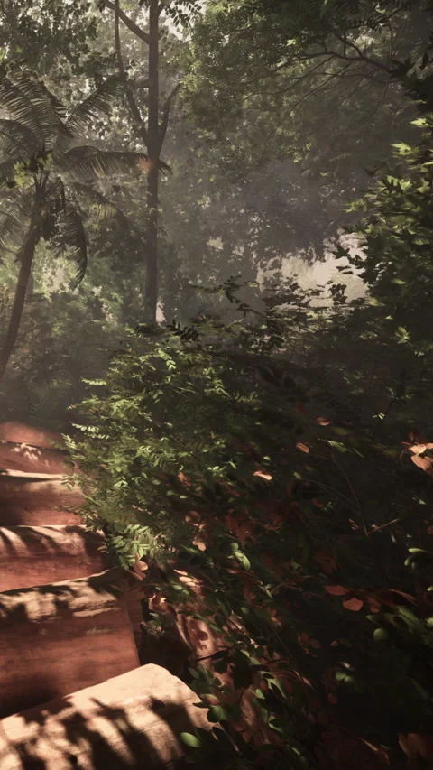 Dense forest path invites exploration in the afternoon light and shadows Stock Footage 335189365