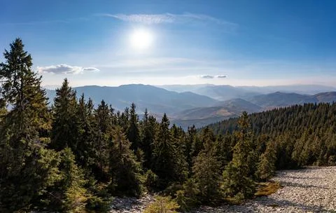Dense forests on mountain peak under blue sky with clouds Stock Photos