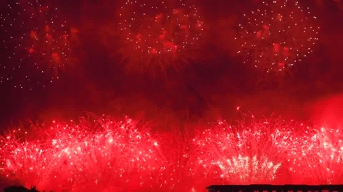 Dense frame of large Red and green Fireworks Glowing in Smoky night Sky Stock Footage 343328436