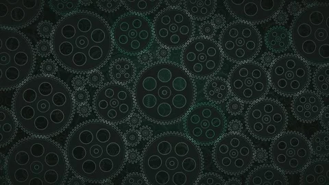 Dense Gear Field Mechanical Cogs Horizontal Loop Dark Teal Mint Silver Stock-Footage 348345348