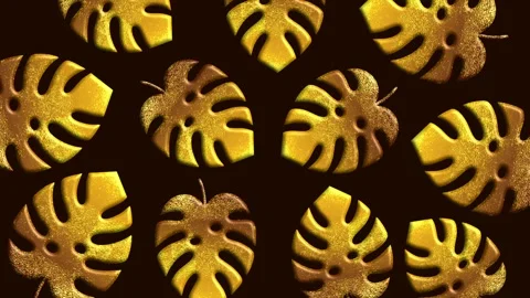 Dense gold monstera leaves pattern on dark background luxury style Stock Footage 330436579