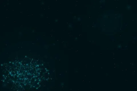 A dense luminous cluster of connected teal particles rests in the lower cor.. Illustrazione stock