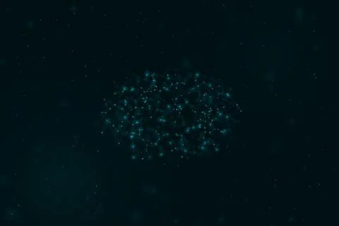 A dense luminous network of linked points hovers centrally in a deep shadow.. Stock Illustration