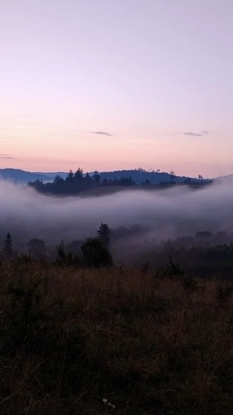 Dense morning fog rolling over mountain valley during pink dawn Stock Footage 340577420