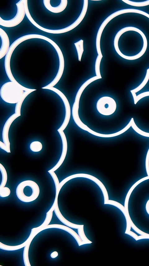Dense neon pattern of overlapping glowing rings, scalloped cloud silhouettes Stock Footage 345971623