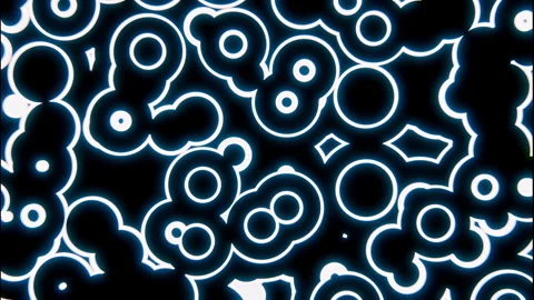 Dense neon pattern of overlapping glowing rings, scalloped cloud silhouettes Stock Footage 346010250