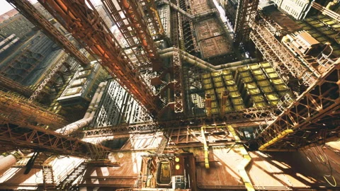Dense network of pipes and beams with dramatic lighting effects Stock Footage 341562377
