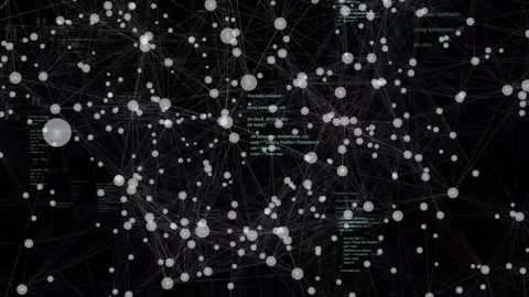 Dense node network reconfiguring and expanding on data pulse, shifting view Stock-Footage 328417097