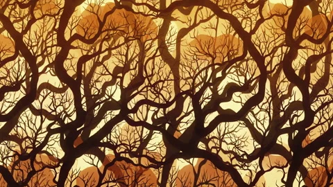 Dense orange autumn forest tree branches looped background Video stock 229566495