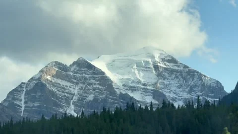 Dense pine trees framing mountain peaks in Banff National Park Stock Footage 346911046