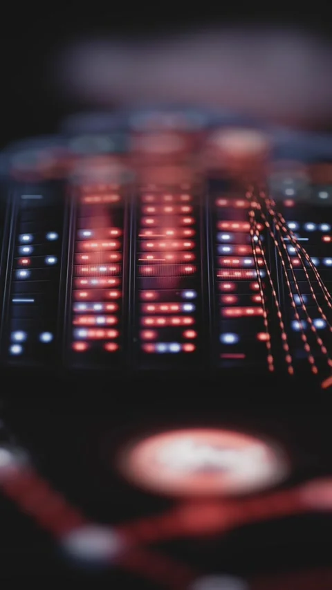 Dense red and blue indicators cover curved server array Vídeo Stock 344111215