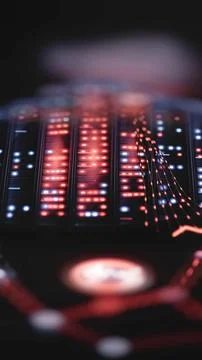 Dense red and blue indicators cover curved server array Stock Photos