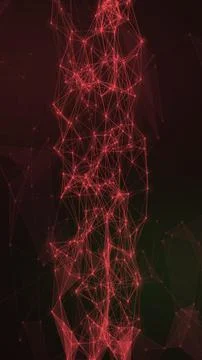 Dense red lines, nodes, and angular translucent shapes create a vertical ab.. Stock Illustration