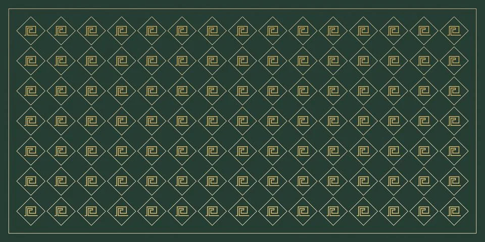 A dense repeating Greek key pattern fills a dark green field with fine gold.. Stock Illustration