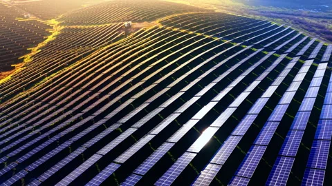 Dense Rows of Solar Panels on Hillside During Golden Hour Sunset 스톡 동영상 326155568