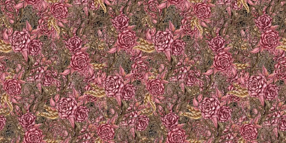 Dense seamless pattern gothic roses branches feathers Stock Illustration