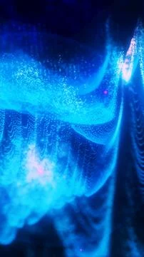 Dense shimmering blue digital particles forming a glowing wave-like structu.. Illustrazione stock