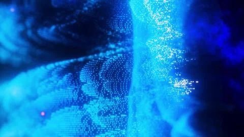 Dense shimmering blue digital particles forming a glowing wave-like structure Illustrazione stock
