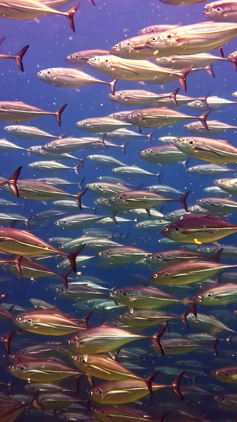 Dense Silver Fish School Swimming in Tight Formation Through Blue Water Stock Footage 341388845