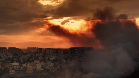 Dense Smoke and Atmospheric Pollution Engulfing Modern City Skyline Stock Footage 337128288