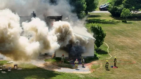 Dense smoke from burning barn on farm in american countryside. Firefighter Stock Footage 280027568