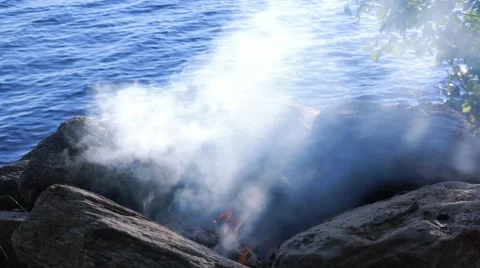 Dense smoke spreading as dried leaves are thrown into the fire Stock Footage 55100267
