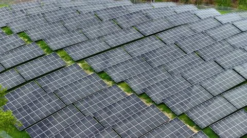 Dense Solar Panel Grid at Large Renewable Energy Farm Stock-Fotos