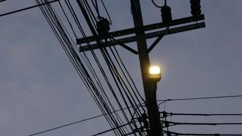 Dense tangle of utility wires and cables forming a busy silhouette around a wood Stock Footage 324805391