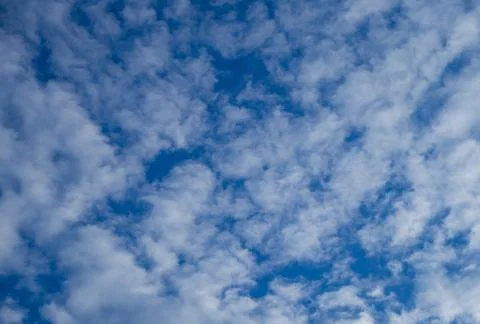 Dense texture of white cirrocumulus clouds filling blue sky. Natural cloudsca Stock Photos