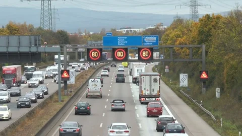 Dense traffic on German highway A5 in Frankfurt. Video stock 81697934