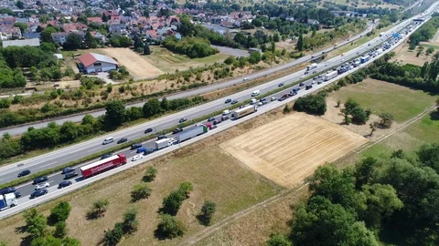 Dense traffic on highway - traffic jam, aerial view Stock Footage 93448077