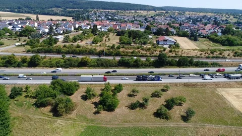 Dense traffic on highway - traffic jam, aerial view Видео 93448603