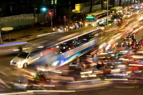 Dense traffic at night intersection, Saigon, Vietnam Stock Photos