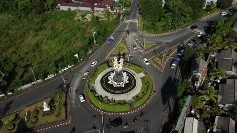 Dense traffic roundabout top down static aerial Stock Footage 152407056