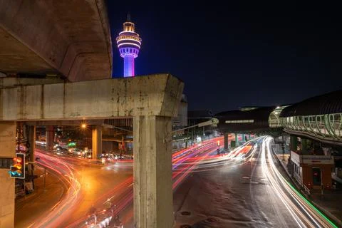 Dense Traffic Trails Below Samut Prakan Tower Stock Photos
