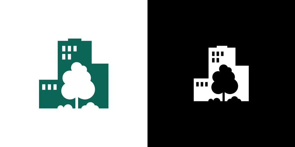 Dense tree on the background of a multi-storey building. logo real estate Stock Illustration